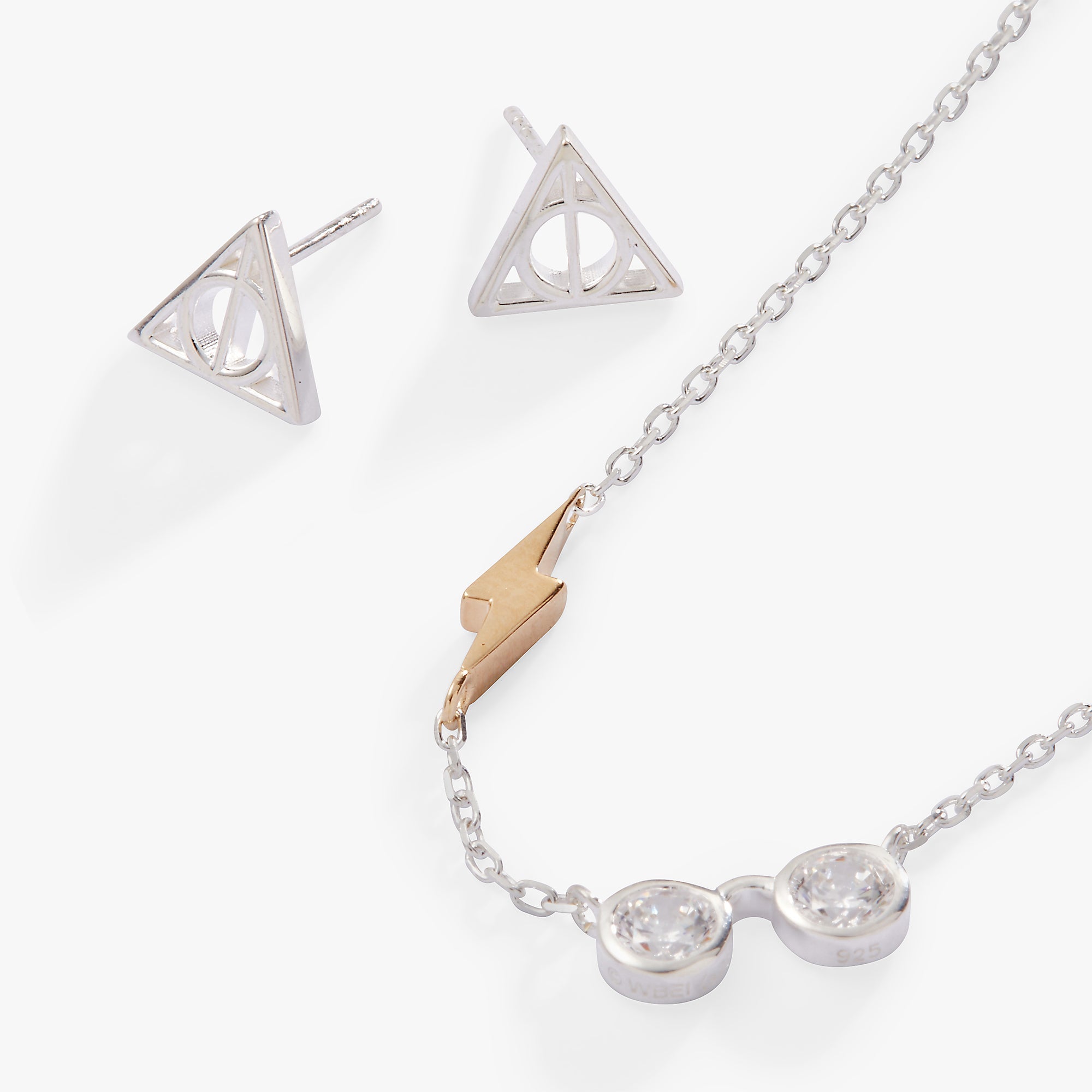 Harry Potter™ glasses and Deathly Hallows necklace and earrings set by ALEX AND ANI, sterling silver jewelry with detailed charms.
