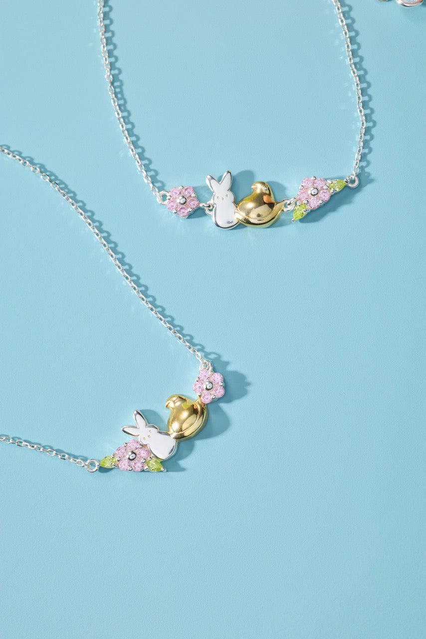 ALEX AND ANI PEEPS® Precious Peepsake Necklace featuring a two-tone charm on a delicate silver chain.