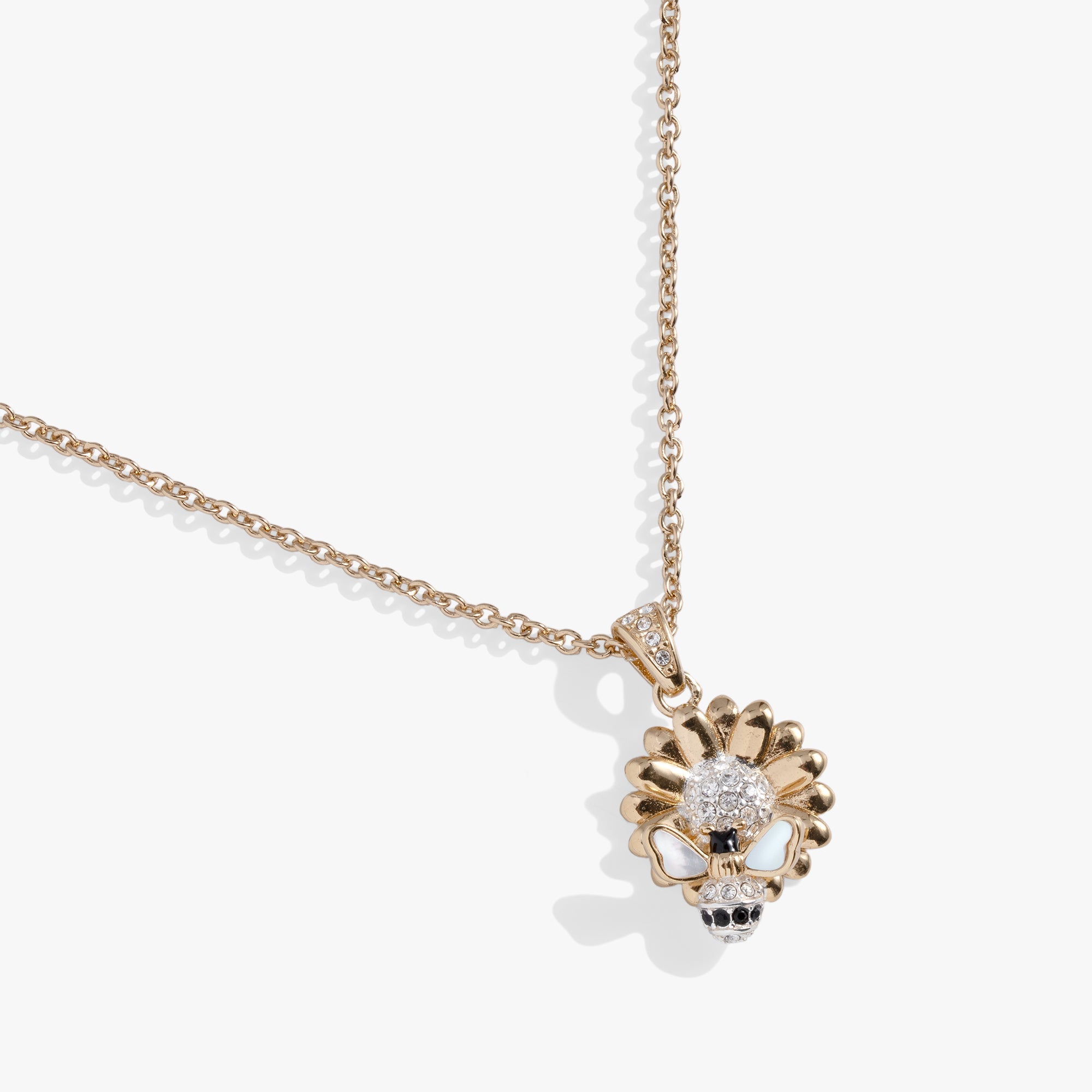 Two-tone Sunflower and Bee pendant necklace from ALEX AND ANI featuring detailed floral and insect designs.