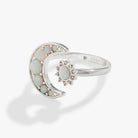 Shiny silver Moon + Sun Opal Ring by ALEX AND ANI with celestial design and colorful opal accents.