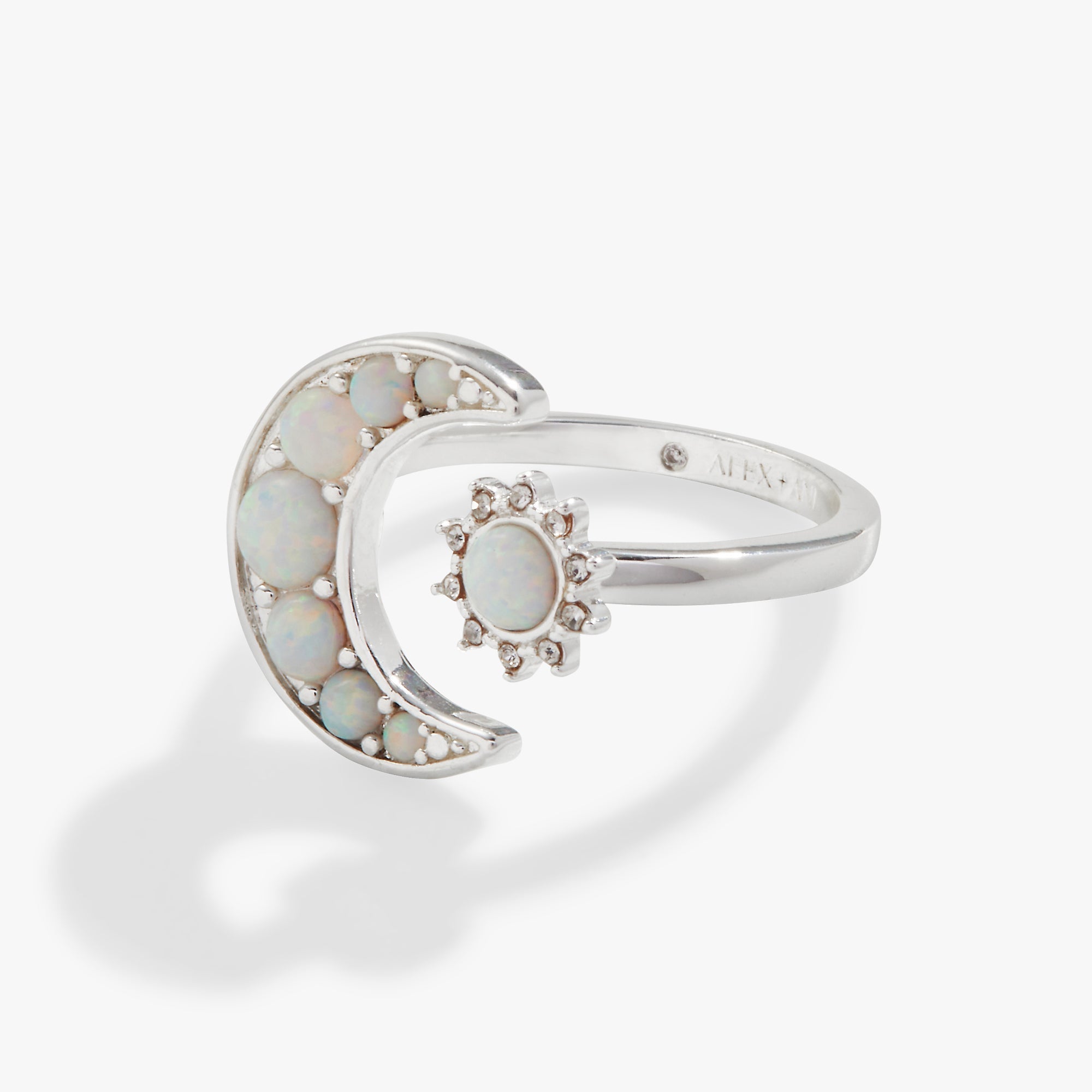 Shiny silver Moon + Sun Opal Ring by ALEX AND ANI with celestial design and colorful opal accents.
