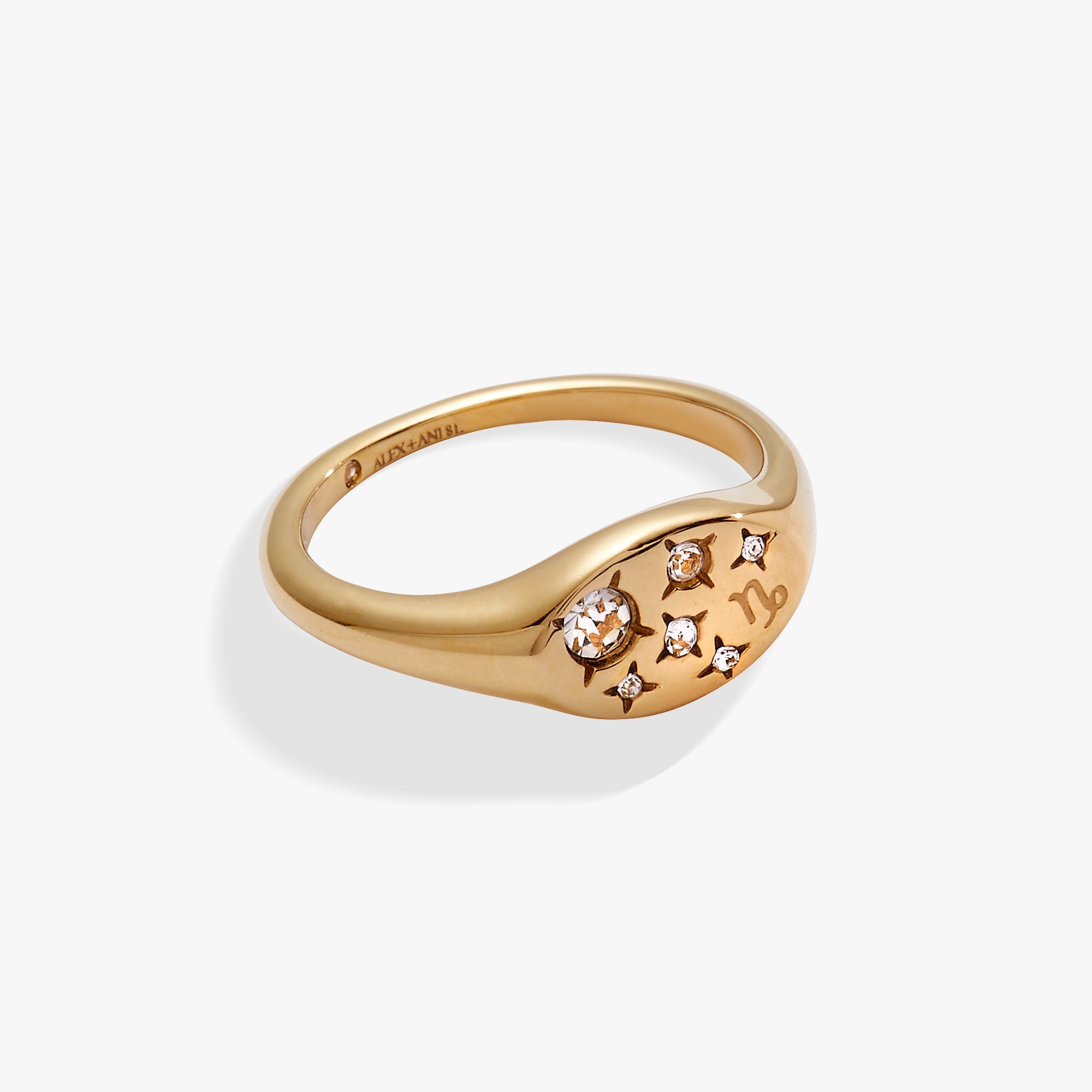 Gold stainless steel Capricorn zodiac ring by ALEX AND ANI featuring a detailed Capricorn symbol on a sleek band.