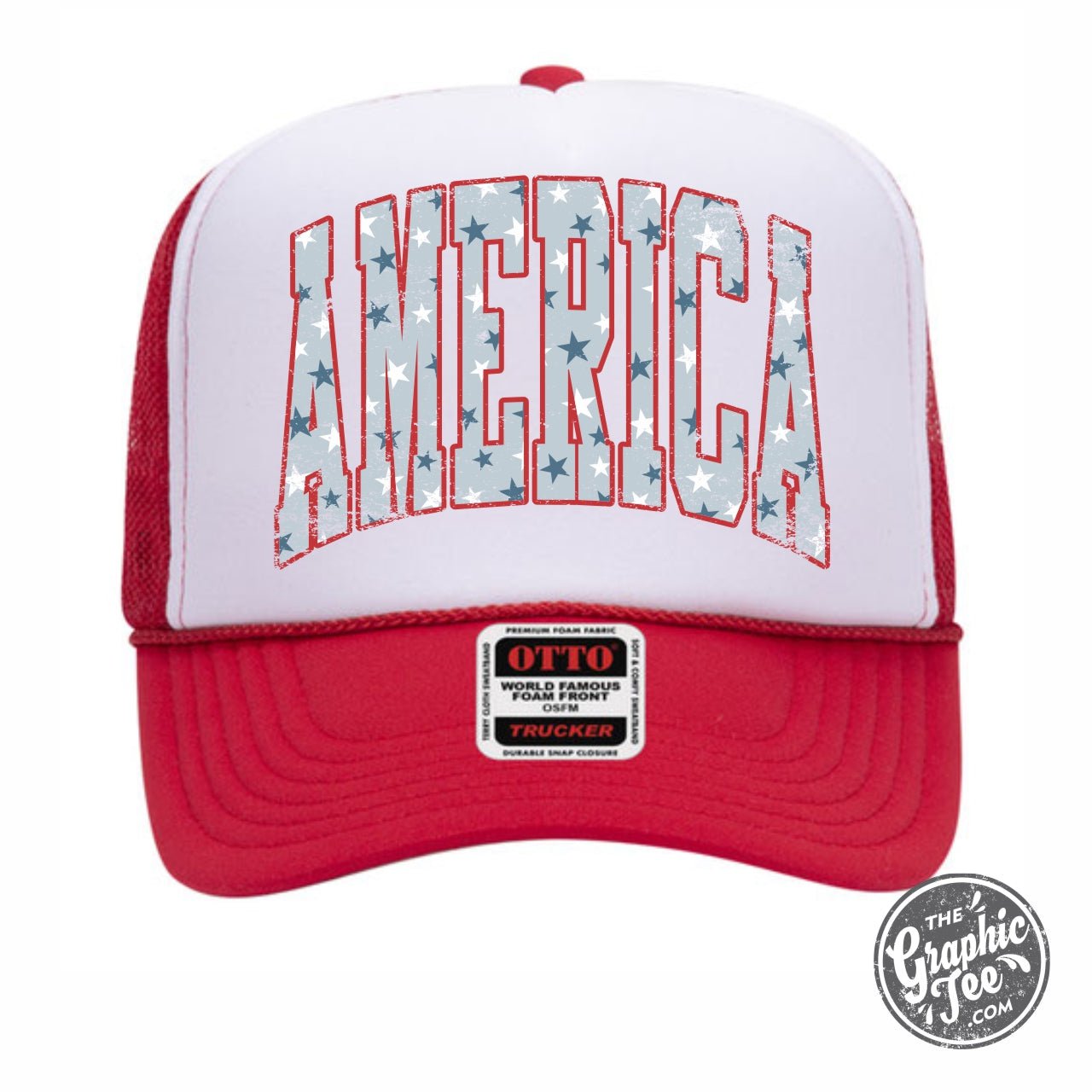 America with Stars foam trucker cap by The Graphic Tee featuring bold star designs and a classic trucker style.