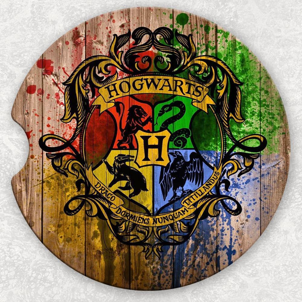 Hogwarts-themed car coaster set featuring magical designs, made by Anchored Grace Boutique for protecting vehicle cup holders.