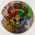 Hogwarts-themed car coaster set featuring magical designs, made by Anchored Grace Boutique for protecting vehicle cup holders.