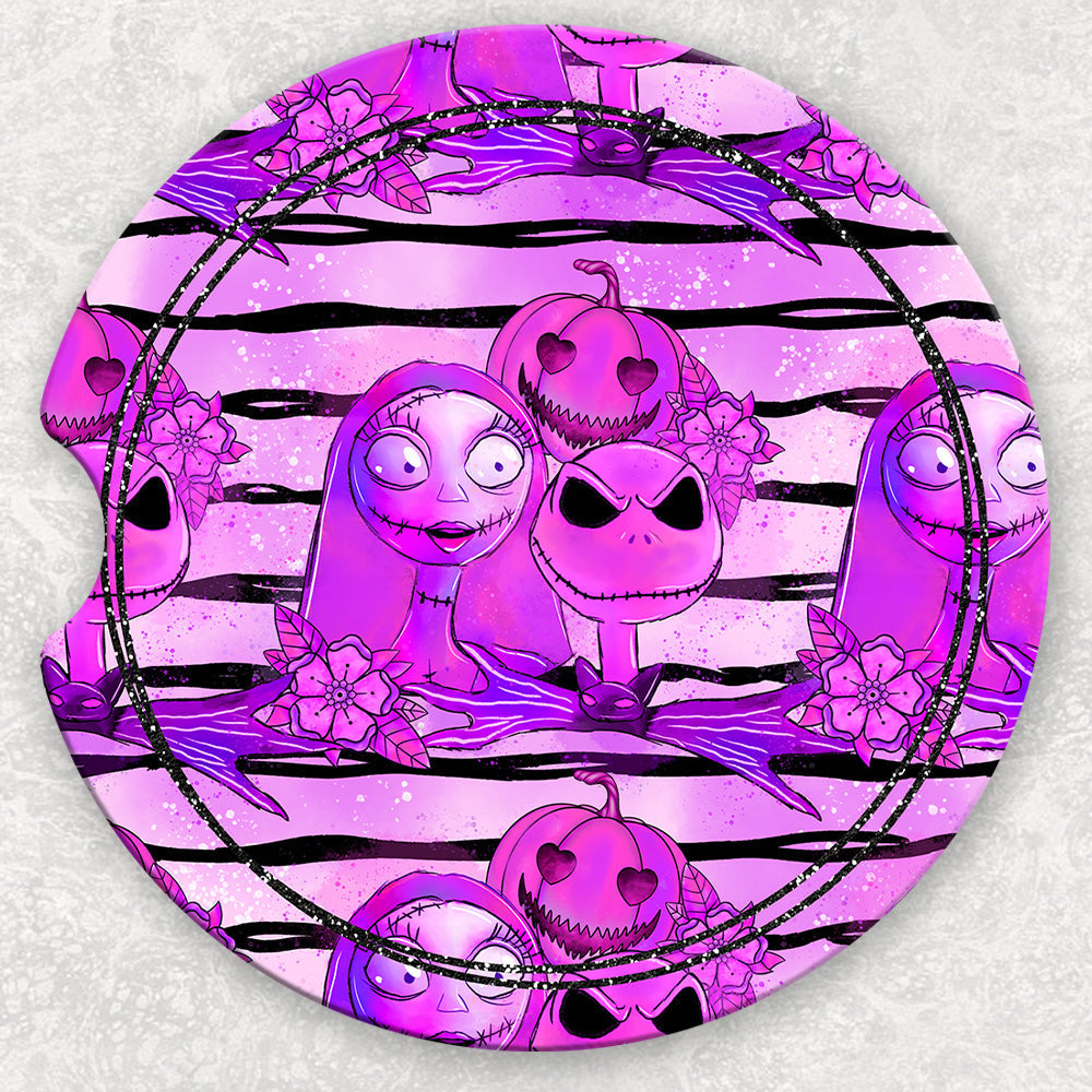 Car coaster set featuring Jack and Sally characters from Anchored Grace Boutique, designed to fit in vehicle cup holders.