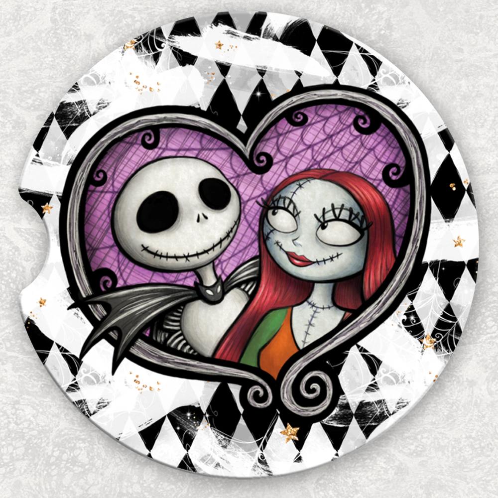 Car coaster set featuring Jack and Sally characters from Anchored Grace Boutique, showcasing decorative ceramic drink coasters in a set.