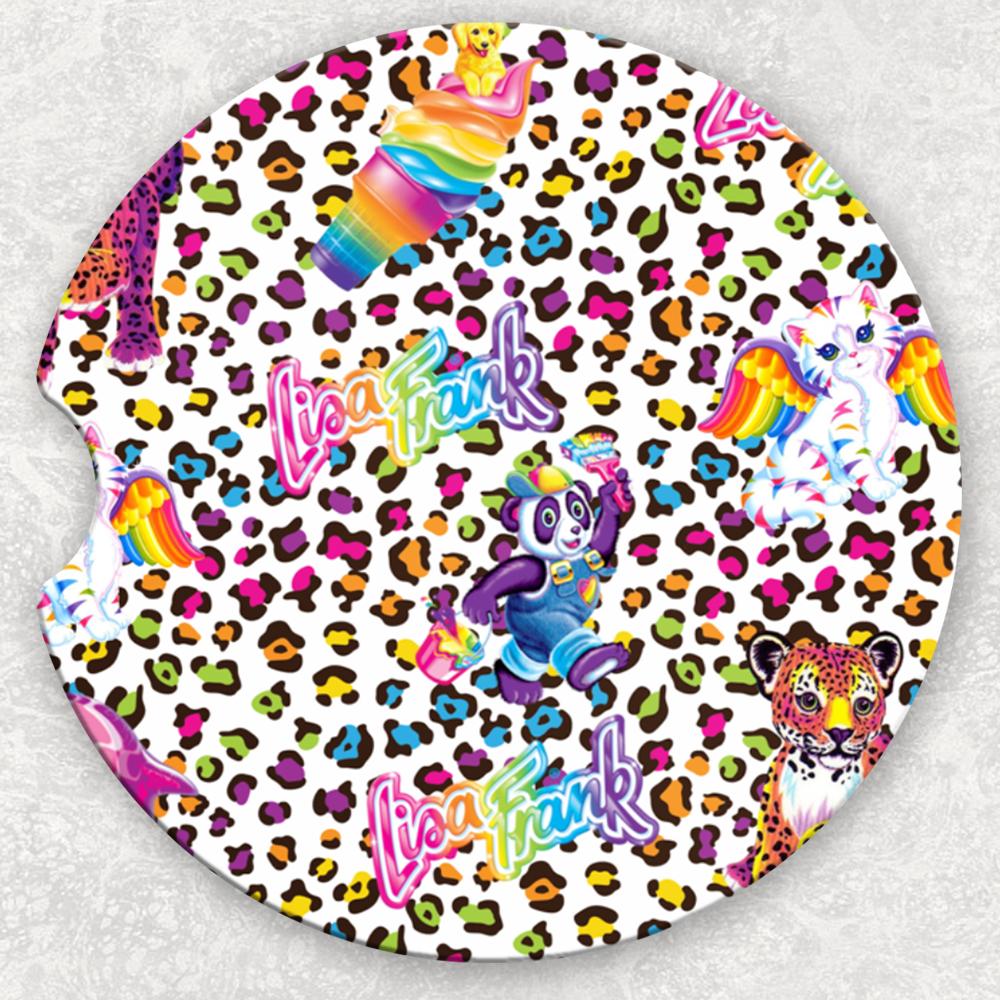 Colorful Lisa Frank car coaster set by Anchored Grace Boutique featuring vibrant, whimsical designs for vehicle cup holders.