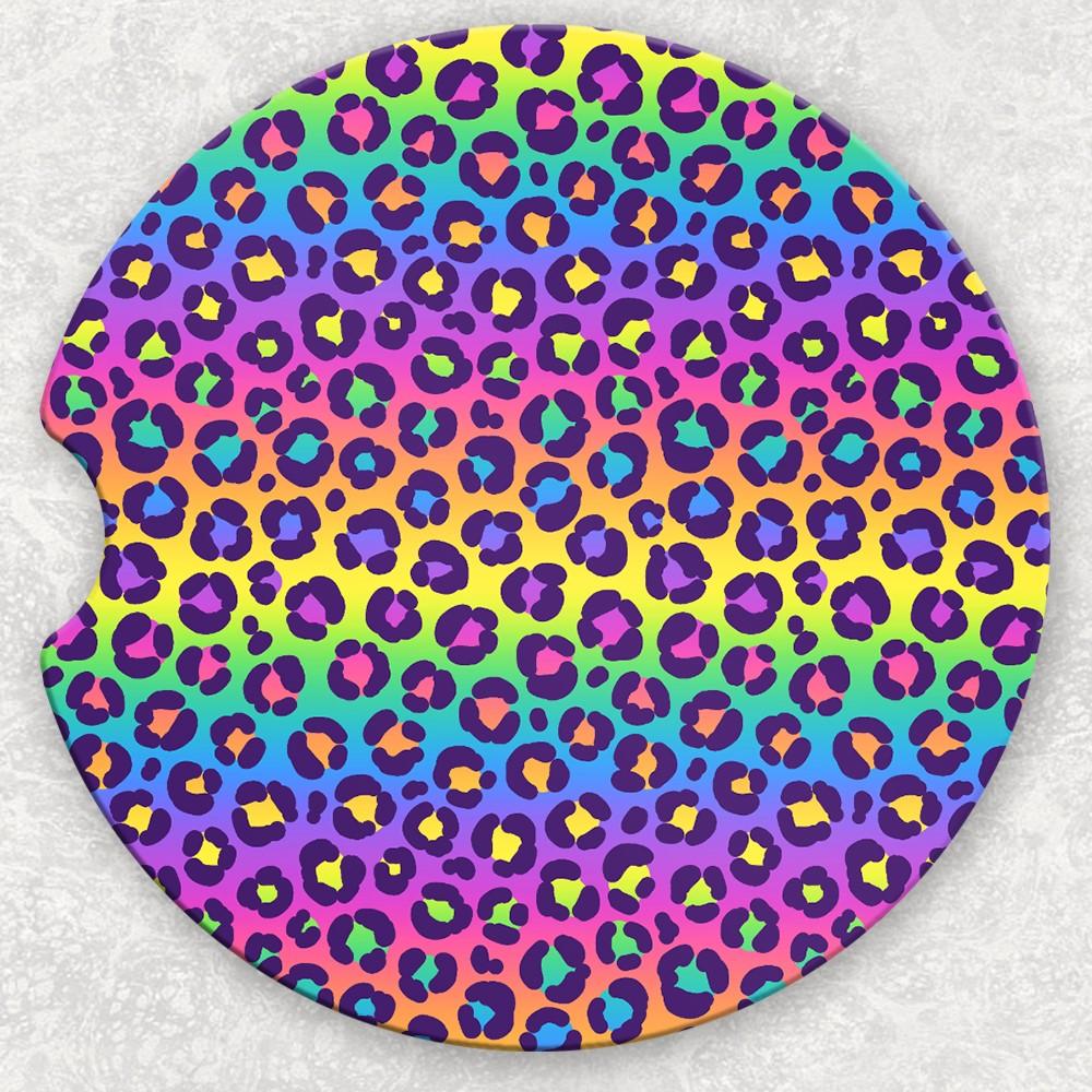 Lisa Frank leopard car coaster set by Anchored Grace Boutique, featuring colorful animal print and durable design for vehicle cup holders.