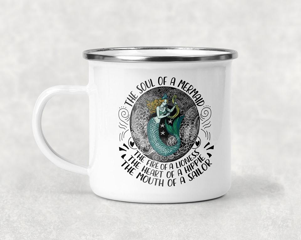 Coffee mug from Anchored Grace Boutique featuring "The Soul of a Mermaid" design with ocean-inspired artwork.