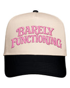 Embroidered cap with "Barely Functioning" text, navy blue with curved brim, stylish accessory from Anchored Grace Boutique.