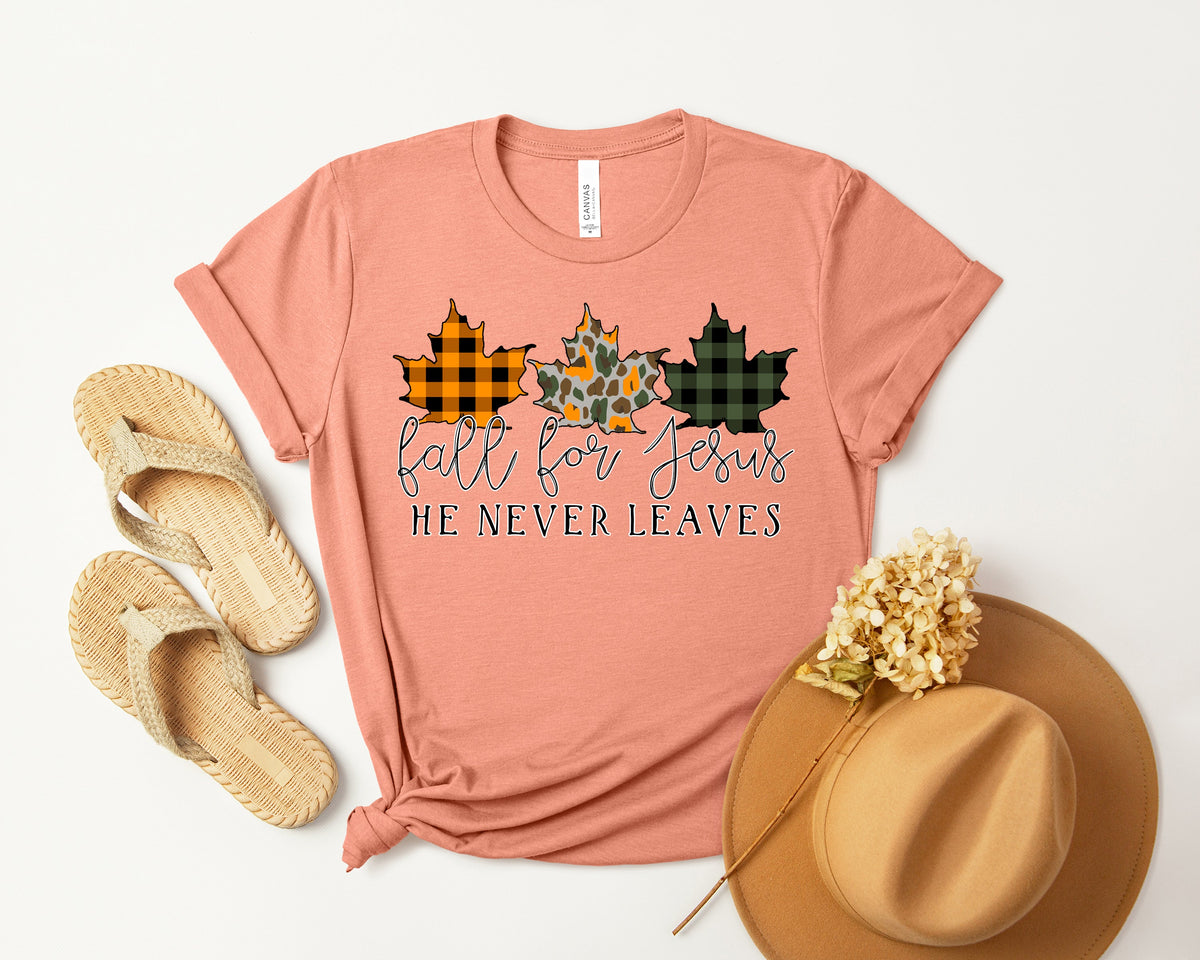 White Fall for Jesus graphic tee by Anchored Grace Boutique featuring religious text and fall-themed design on soft cotton fabric.
