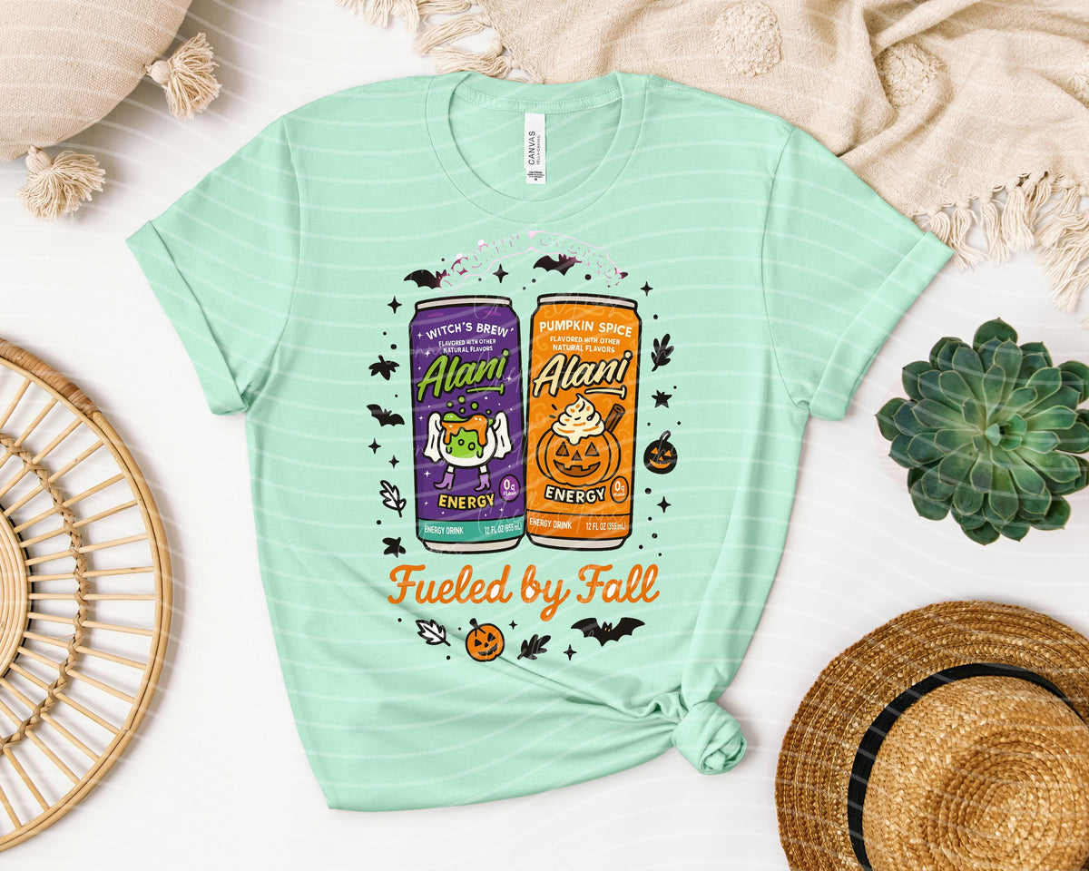 White Fueled by Fall graphic tee from Anchored Grace Boutique, featuring fall-themed design on a casual cotton t-shirt.