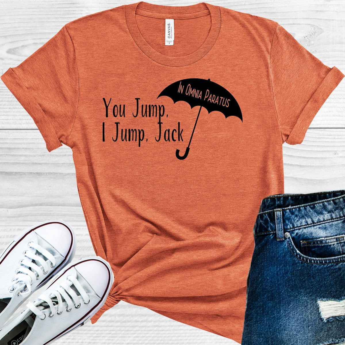 White Gilmore Girls graphic tee by Anchored Grace Boutique featuring text "You Jump I Jump Jack" on soft cotton fabric.