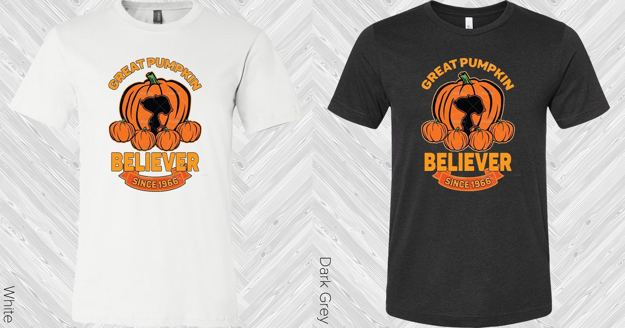 White Great Pumpkin Believer graphic tee from Anchored Grace Boutique featuring fall-themed pumpkin and text design.