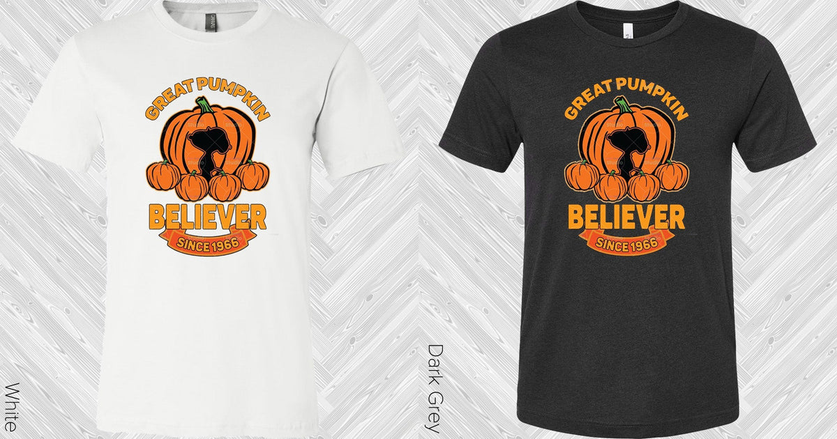 White Great Pumpkin Believer graphic tee from Anchored Grace Boutique featuring fall-themed pumpkin and text design.