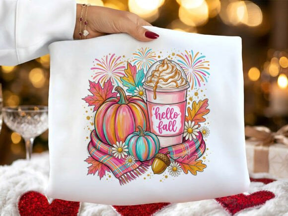 White Hello Fall graphic tee from Anchored Grace Boutique with fall-themed design and casual fit on a model.