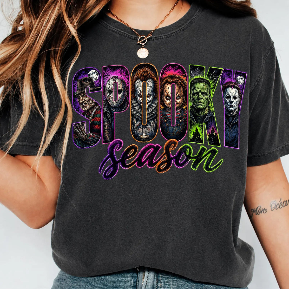 White horror spooky season graphic tee by Anchored Grace Boutique, featuring spooky-themed design on a comfortable cotton t-shirt.