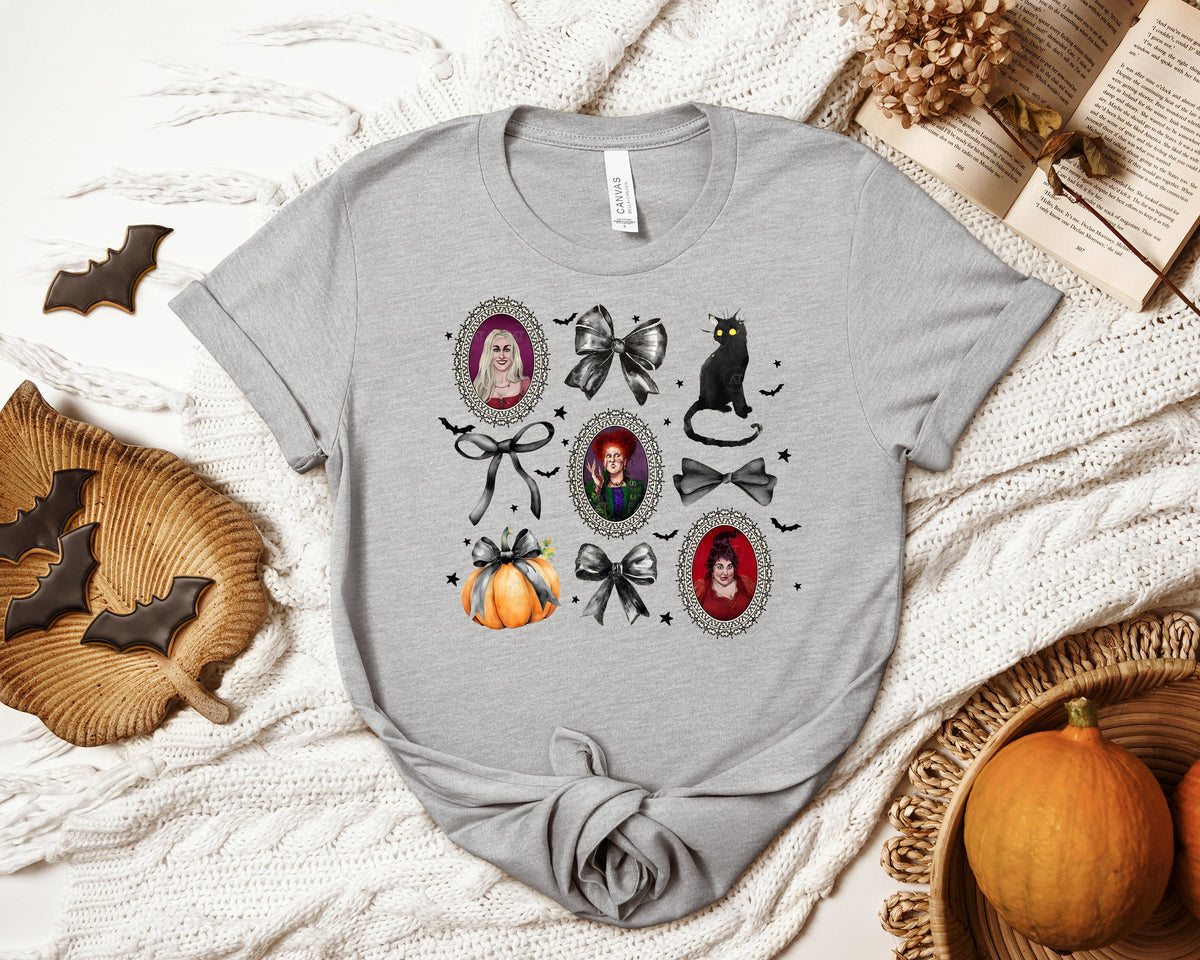 White HP Witches Coquette graphic tee by Anchored Grace Boutique featuring witch-themed artwork on a casual cotton t-shirt.