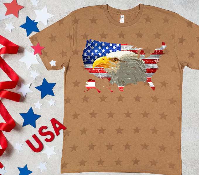 American flag with eagle graphic tee by Anchored Grace Boutique, featuring patriotic design and bold eagle artwork.