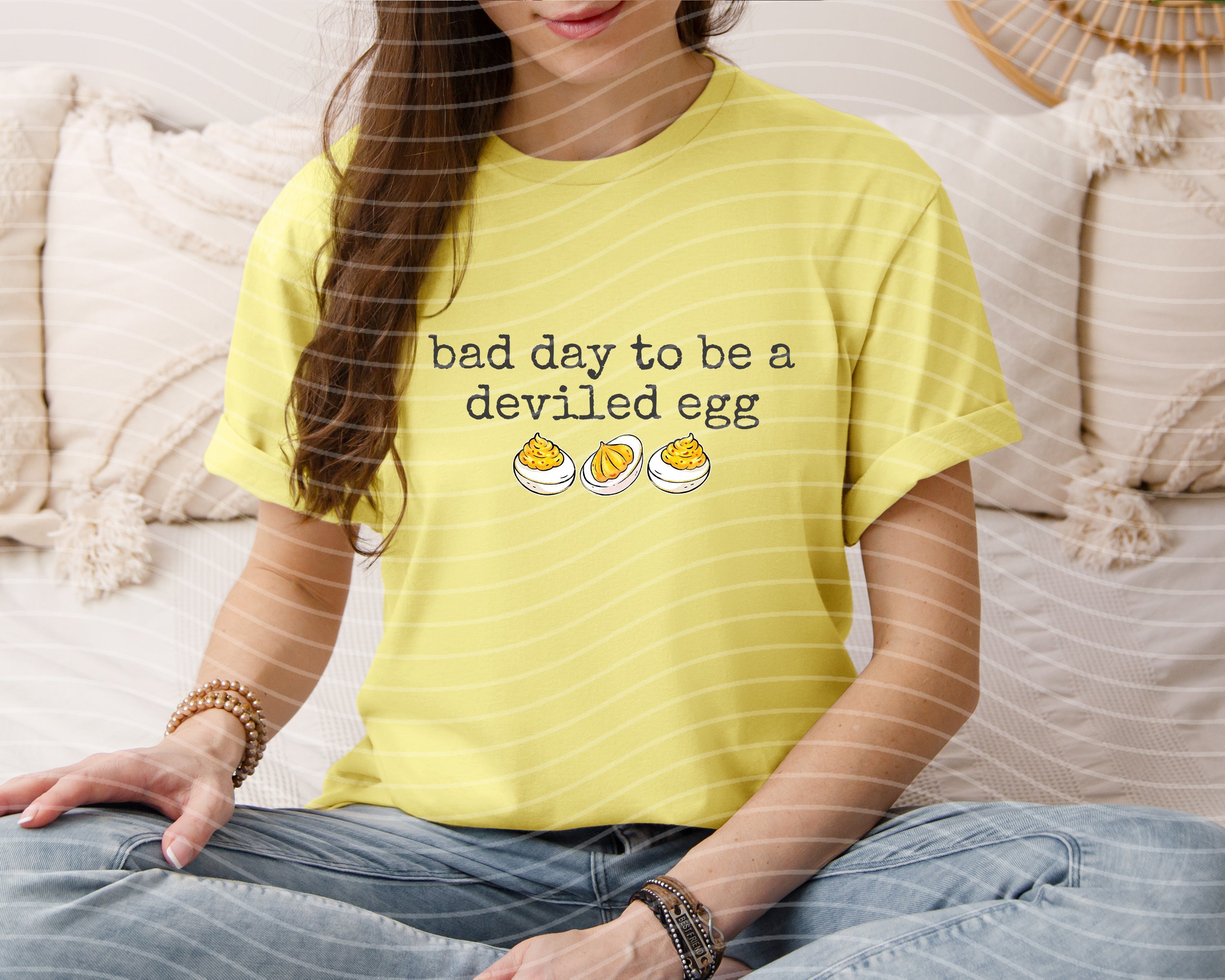 Black graphic tee featuring a humorous "Bad Day to Be a Deviled Egg" design from Anchored Grace Boutique.