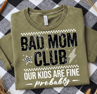 Bad Mom Club graphic tee by Anchored Grace Boutique, showing a casual black cotton t-shirt with bold white and red graphic print.