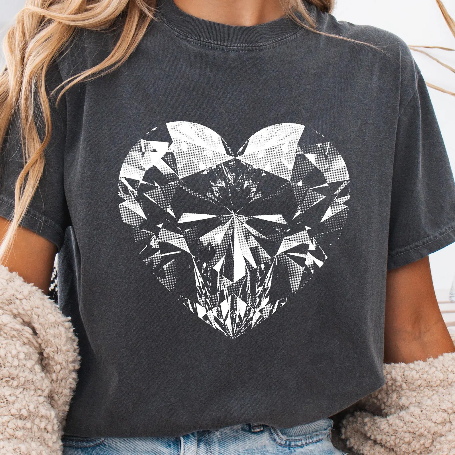 Black and white diamond heart graphic tee from Anchored Grace Boutique, showcasing a stylish, casual graphic t-shirt design.