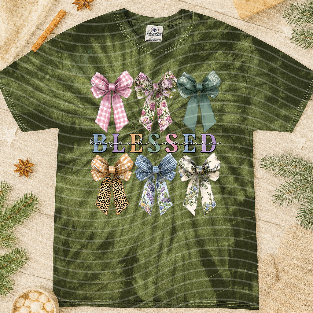 Blessed Beyond Measure Bows graphic tee by Anchored Grace Boutique, featuring a stylish design with bows and inspiring message.