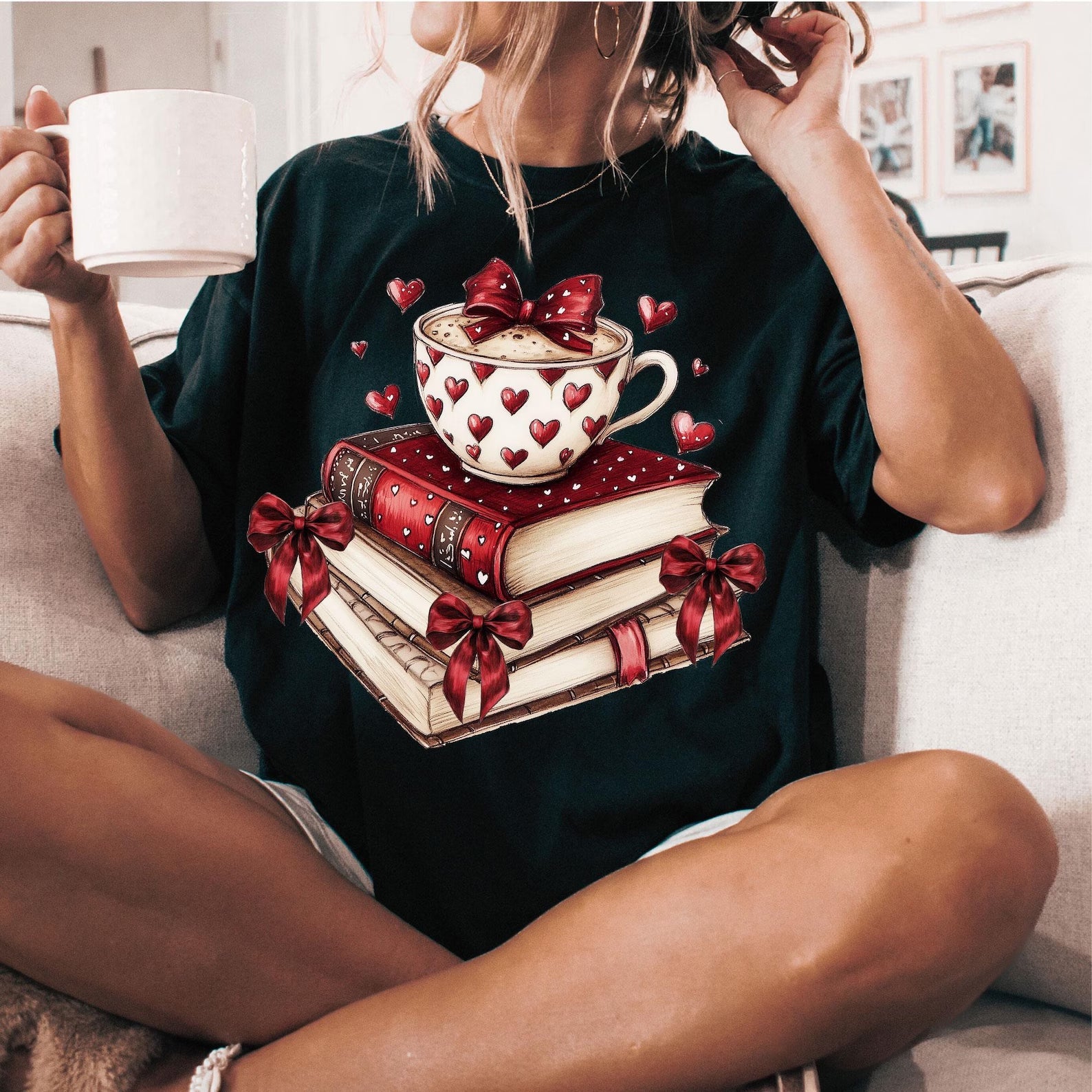 Graphic tee featuring books and coffee design by Anchored Grace Boutique, casual clothing with a literary and coffee theme.