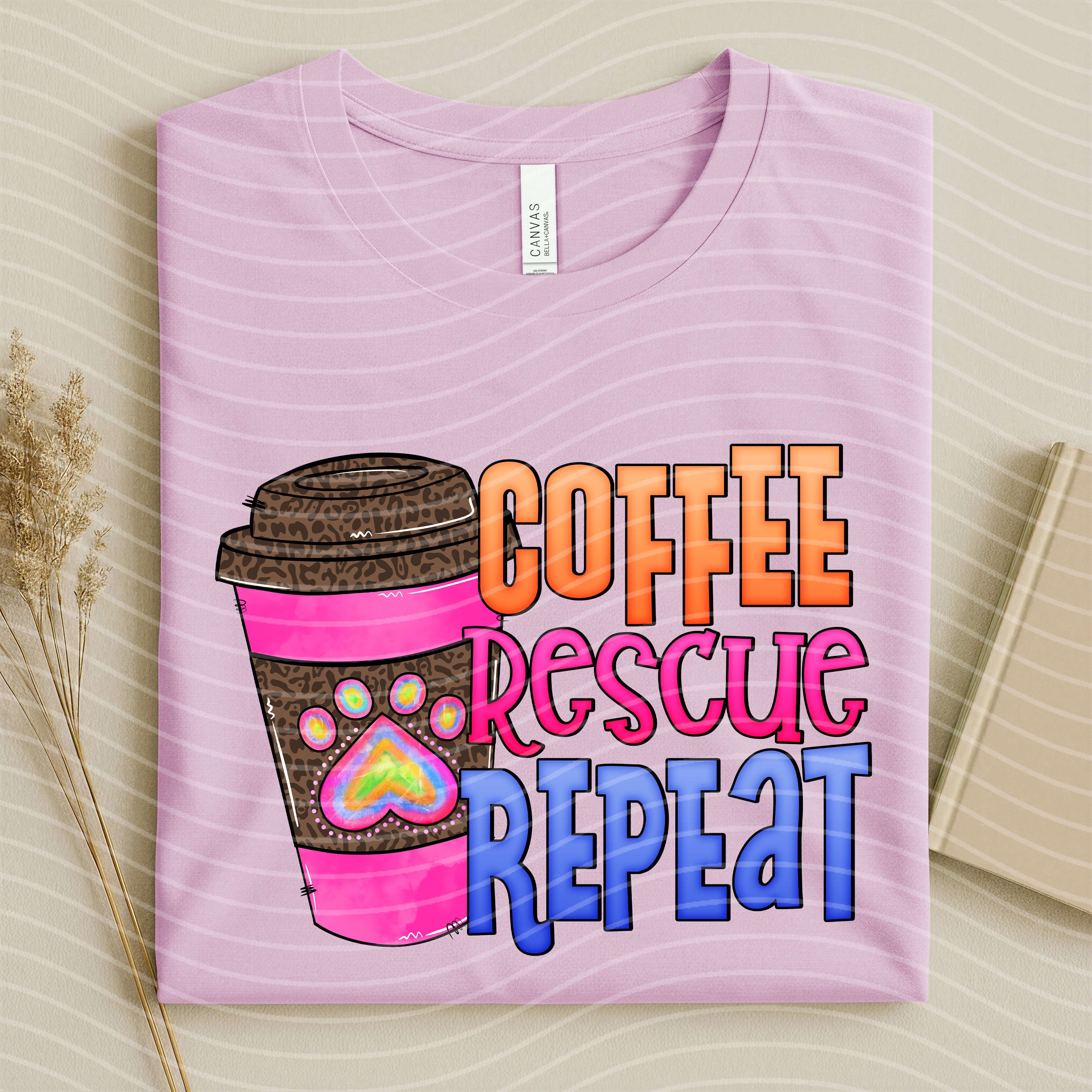 Black Coffee Rescue Repeat graphic tee by Anchored Grace Boutique featuring a coffee-themed design on soft cotton fabric.