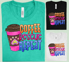 Coffee Rescue Repeat graphic tee by Anchored Grace Boutique featuring a stylish design with coffee-themed graphics.