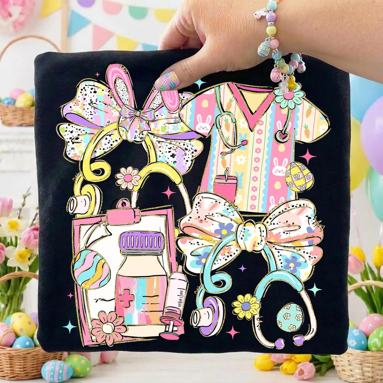 Easter Nurse graphic tee by Anchored Grace Boutique featuring a festive nurse illustration on a casual cotton t-shirt.