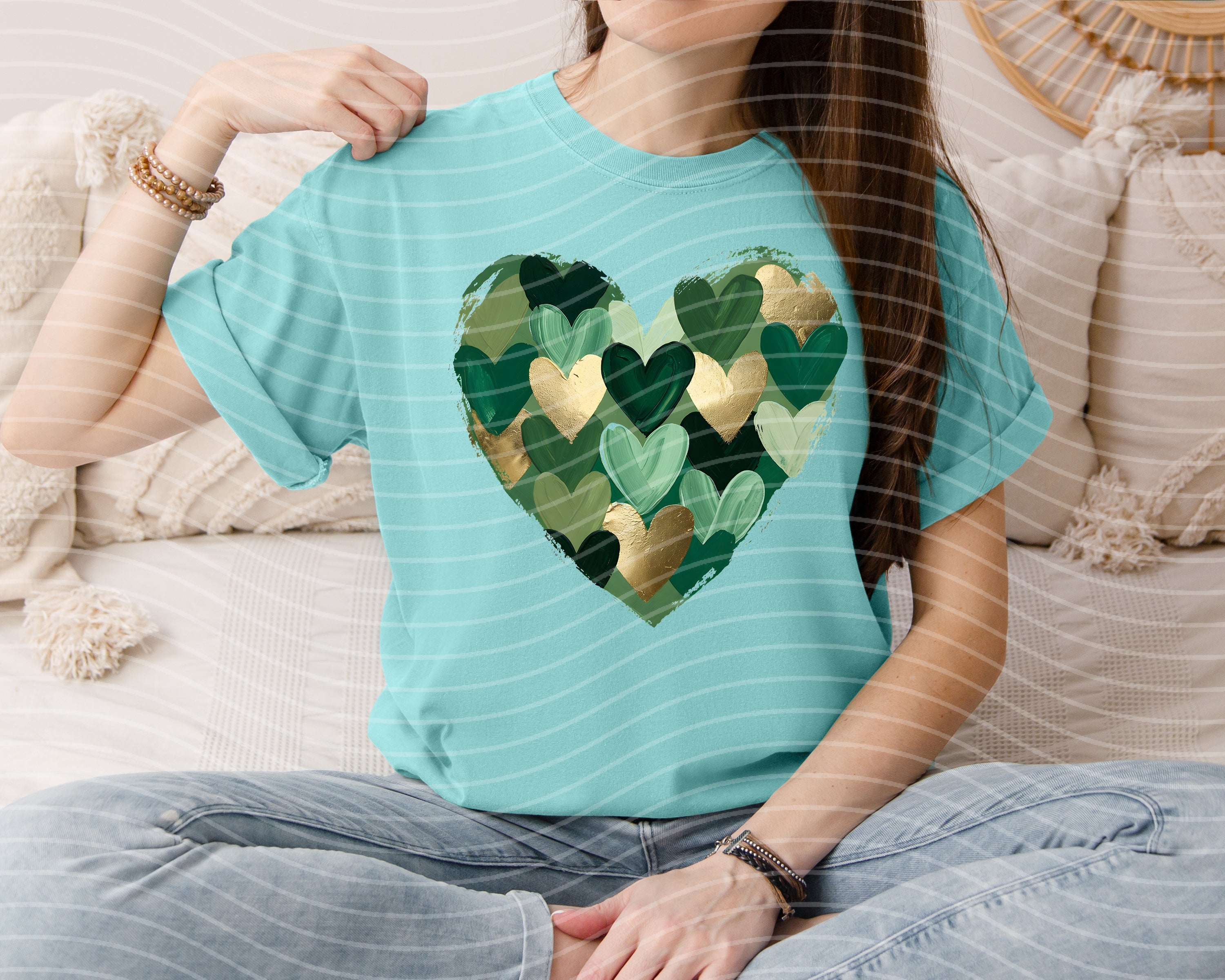 Green Hearts graphic tee by Anchored Grace Boutique, featuring a vibrant heart design on a casual t-shirt.