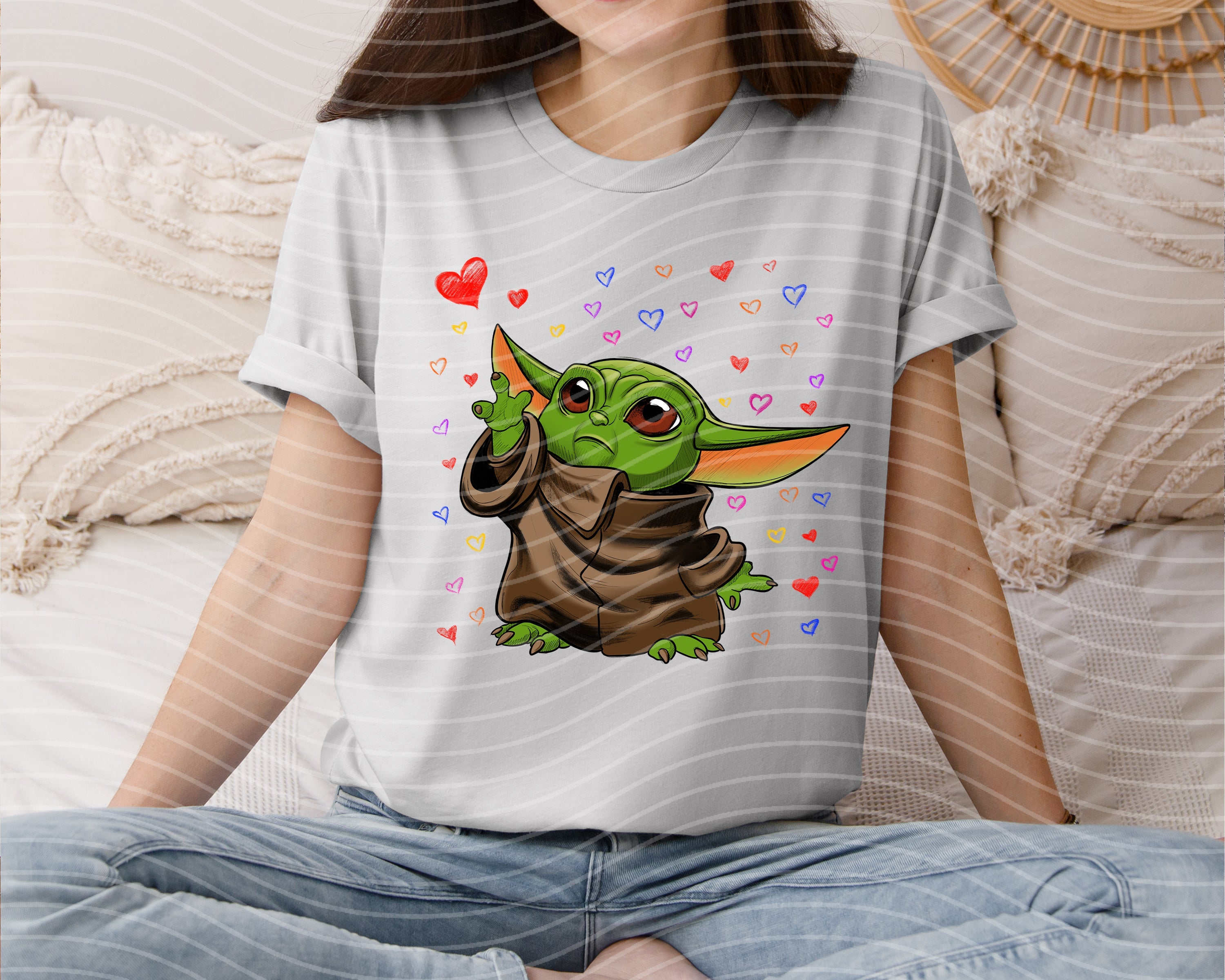 Hearts Alien graphic tee in black with colorful alien and heart designs, casual fit from Anchored Grace Boutique.