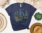 Hogwarts Starry Night graphic tee by Anchored Grace Boutique featuring a celestial Hogwarts design on a comfortable casual shirt.
