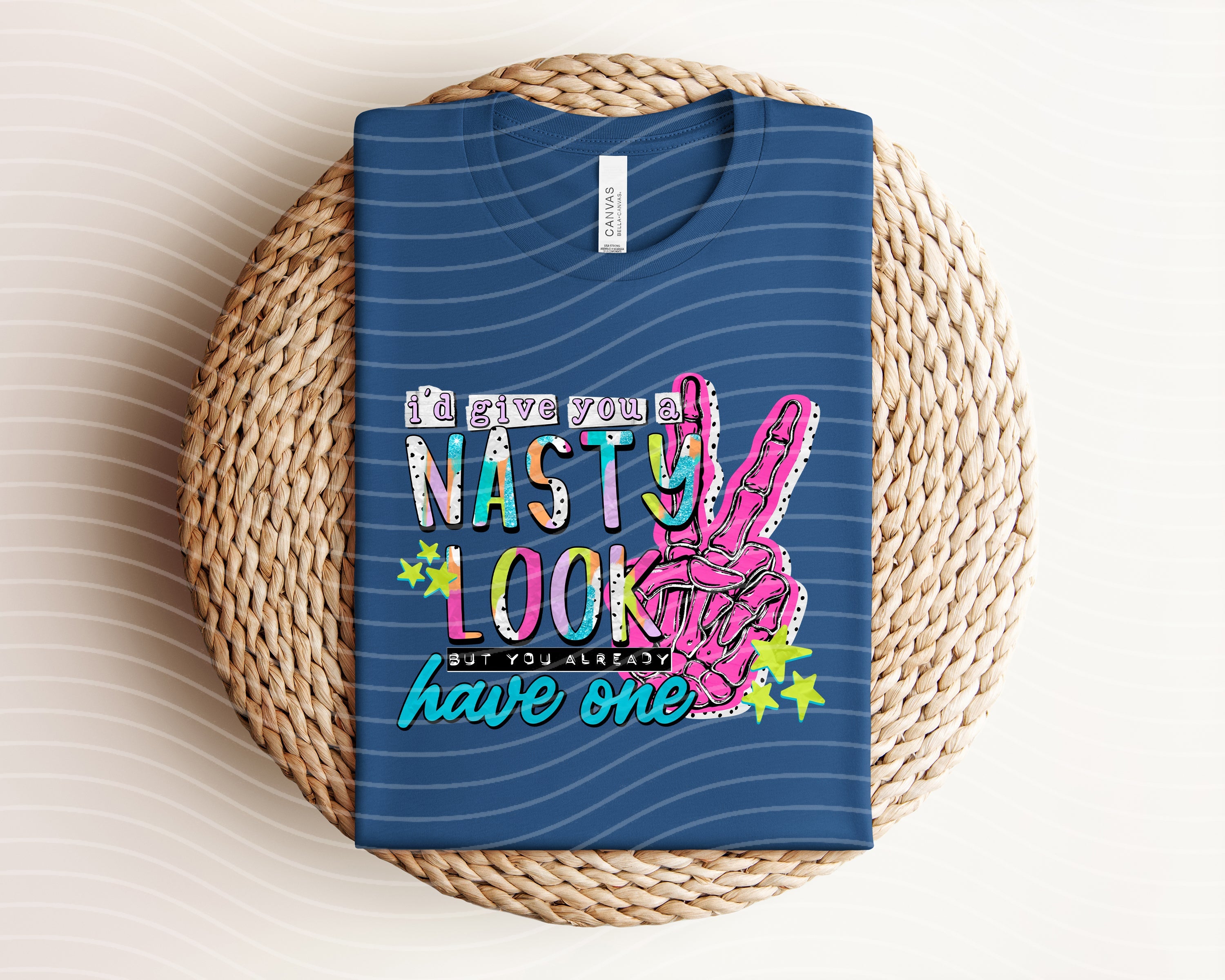 Black graphic tee by Anchored Grace Boutique with bold "I'd Give You a Nasty Look But You Already Have One" print, casual style.