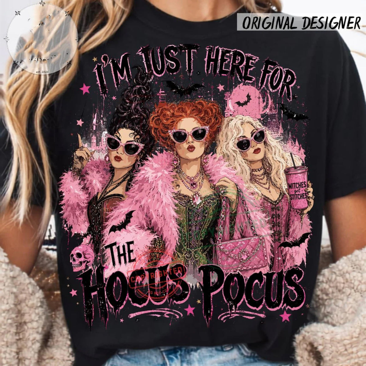 Black graphic tee by Anchored Grace Boutique featuring "I'm Just Here for the HP" text on the front.
