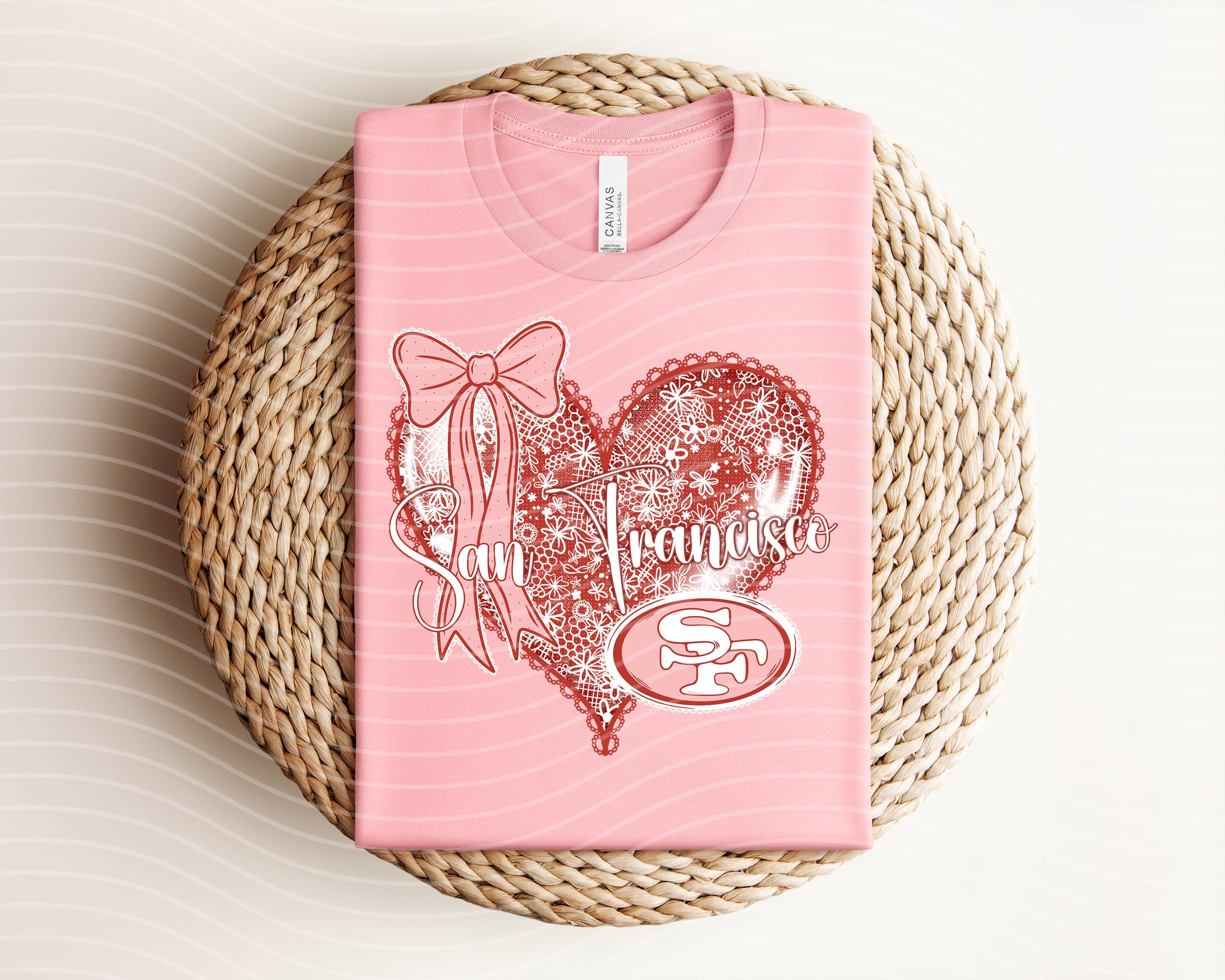 Lace Heart 49ers graphic tee by Anchored Grace Boutique featuring a heart and 49ers logo on soft cotton fabric.