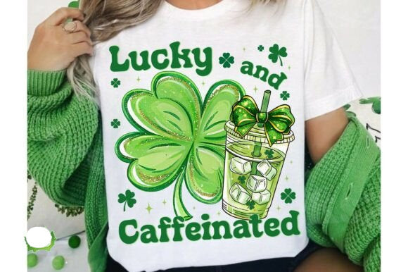 Anchored Grace Boutique Lucky and Caffeinated graphic tee, casual men's T-shirt with playful text and coffee-themed design.
