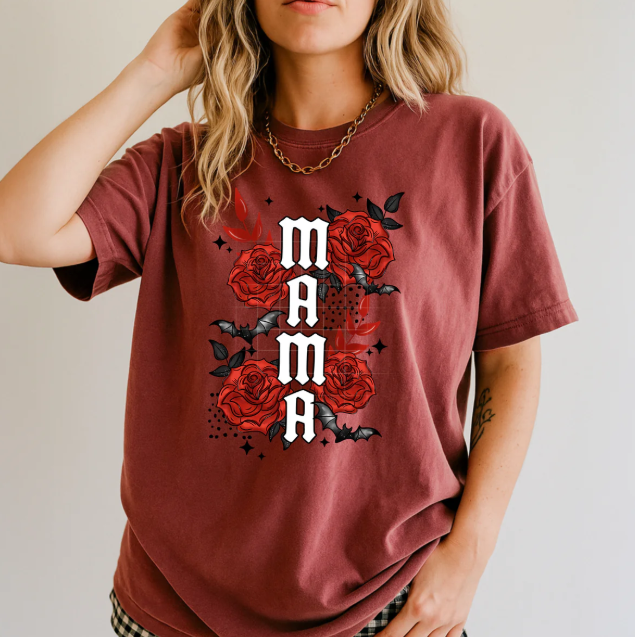 Mama Roses graphic tee by Anchored Grace Boutique, white cotton t-shirt with colorful rose graphic print.
