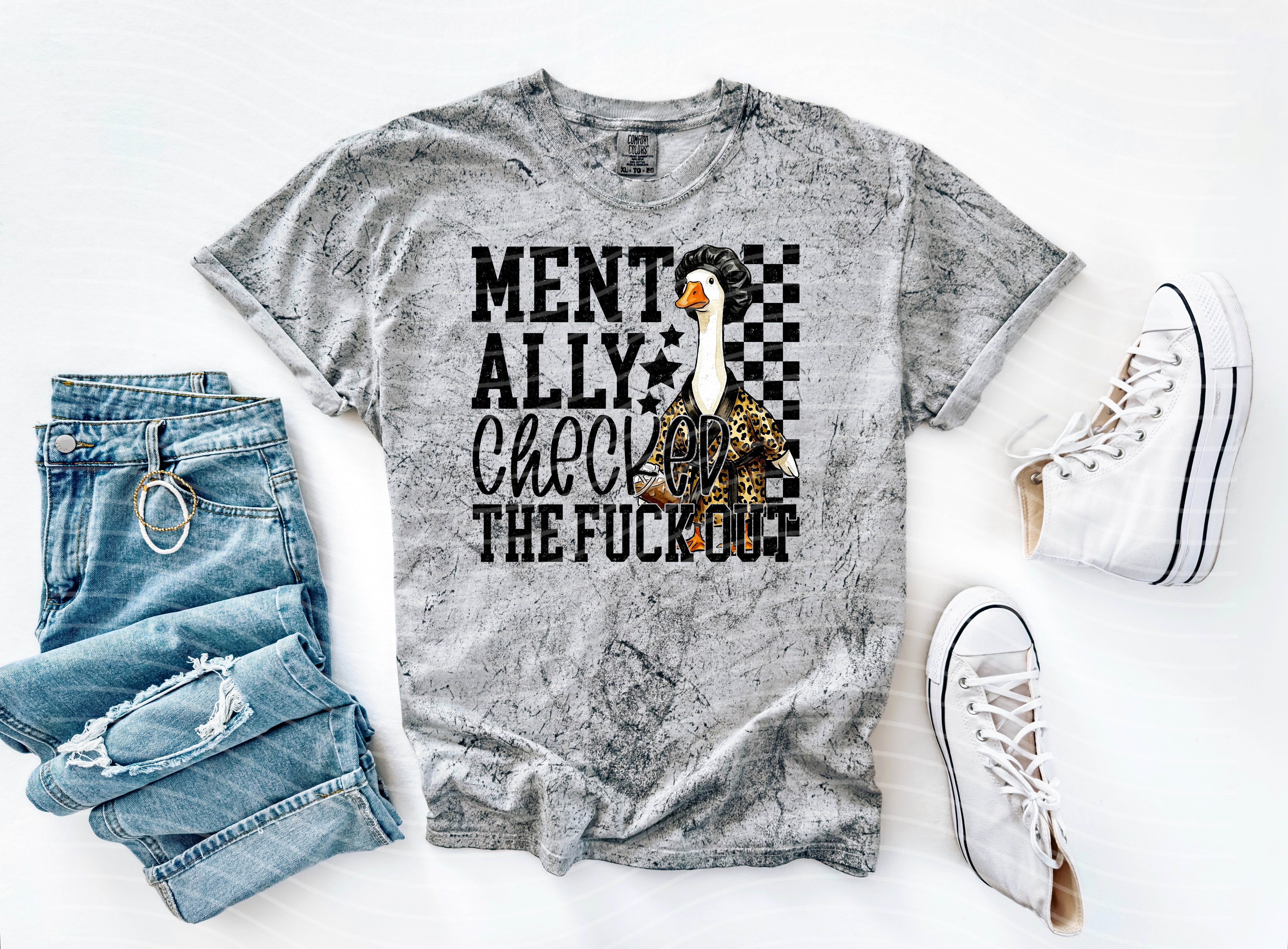 Mentally Checked Out graphic tee by Anchored Grace Boutique, features a casual black t-shirt with playful text design.