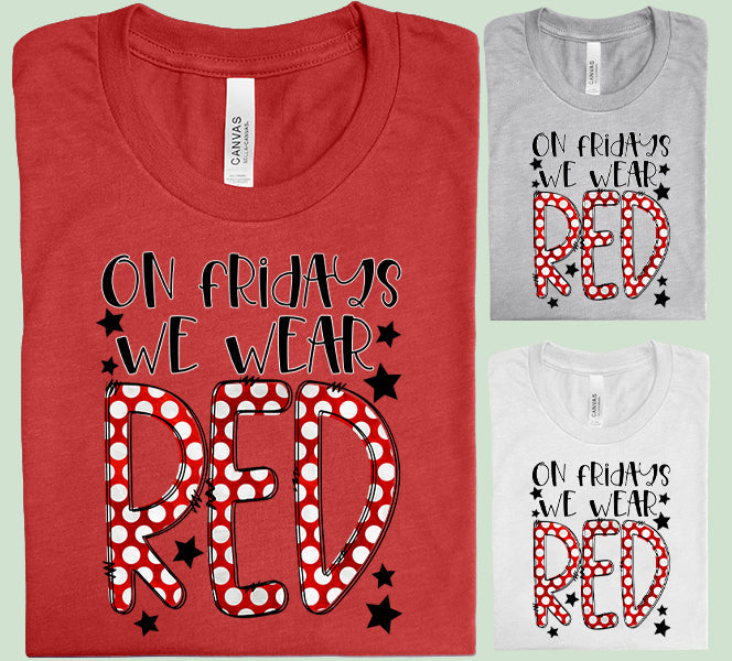 Red graphic tee from Anchored Grace Boutique with "On Fridays We Wear Red" slogan, casual style, front view.