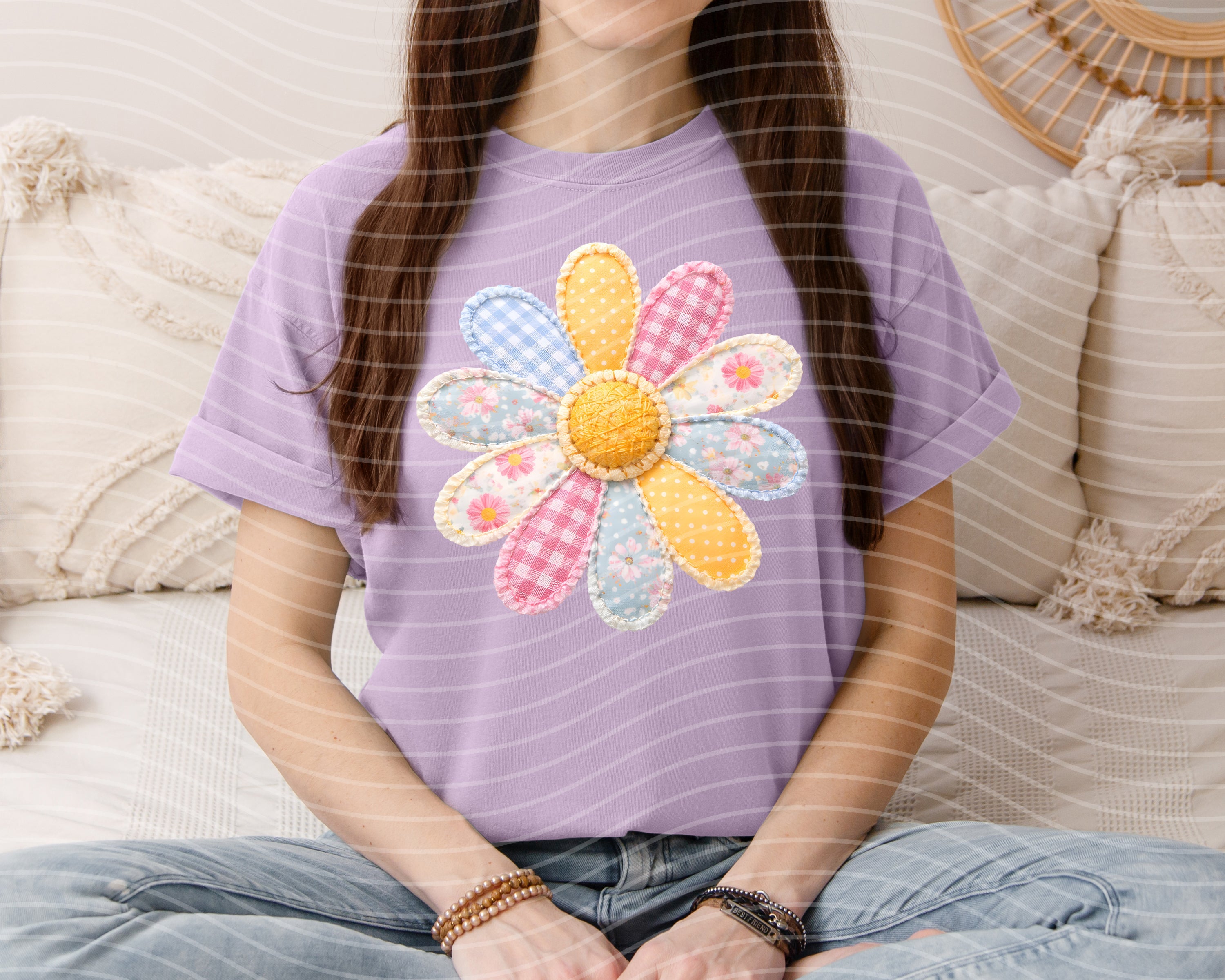 Patchwork Daisy graphic tee by Anchored Grace Boutique featuring colorful floral patchwork design on a casual cotton t-shirt.