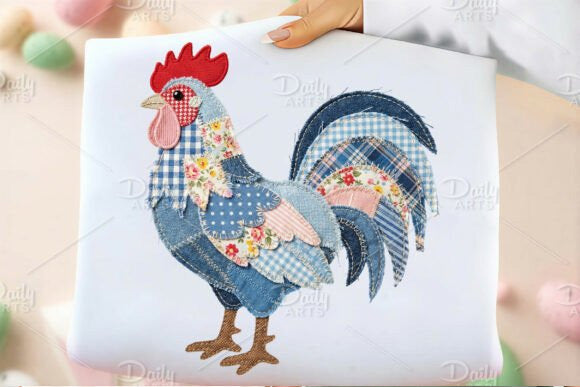 Patchwork rooster graphic tee by Anchored Grace Boutique featuring a colorful, detailed rooster design on a casual cotton shirt.