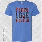 Red, white, and blue graphic tee featuring peace, love, and America symbols from Anchored Grace Boutique.