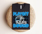 Playoff Bound Panthers graphic tee by Anchored Grace Boutique featuring bold Panthers logo and team colors on soft cotton fabric.