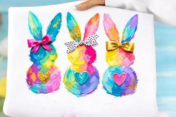 Colorful rainbow bunny graphic tee by Anchored Grace Boutique, featuring vibrant bunny illustrations on a casual cotton t-shirt.