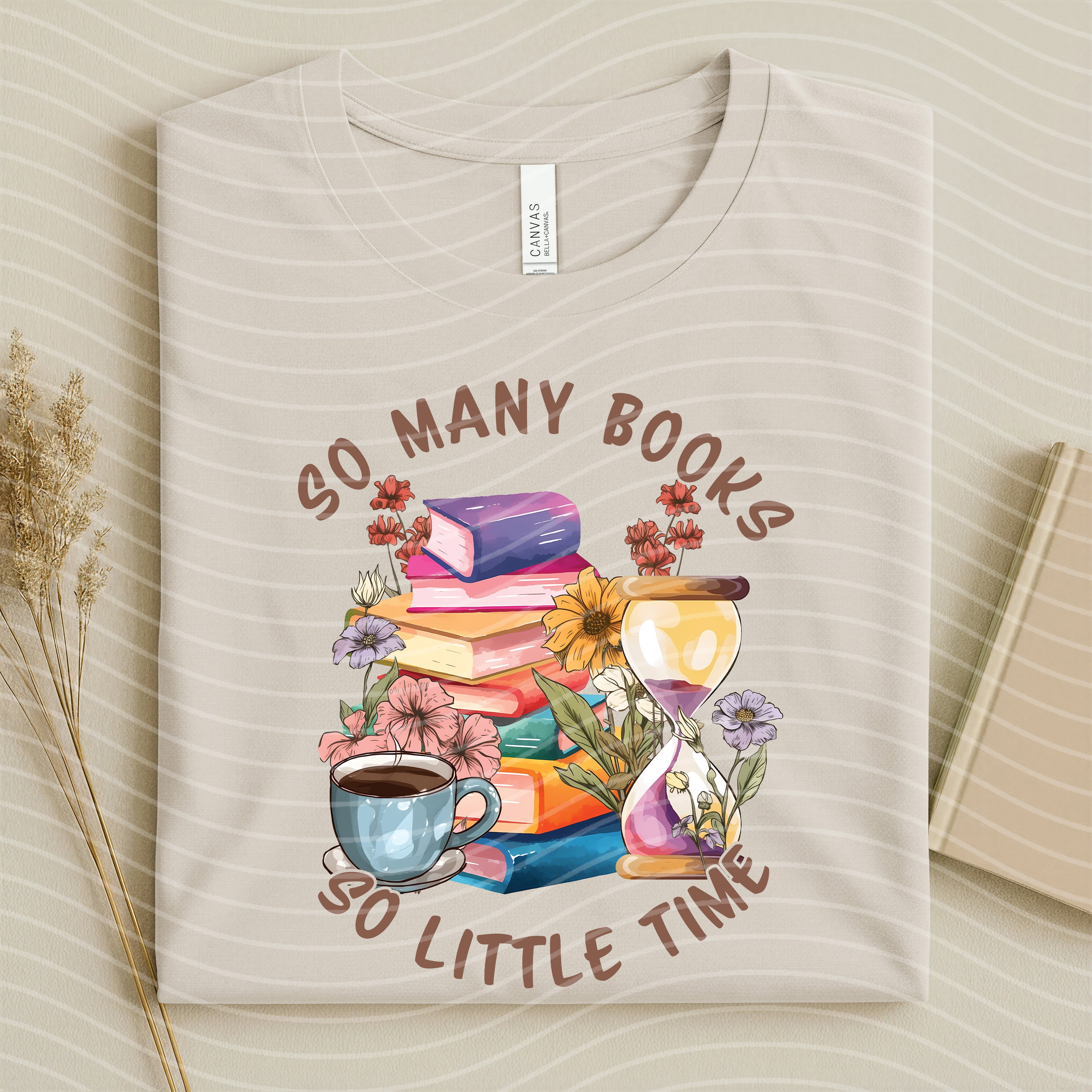 Black graphic tee from Anchored Grace Boutique featuring the quote "So Many Books So Little Time" in stylish font.