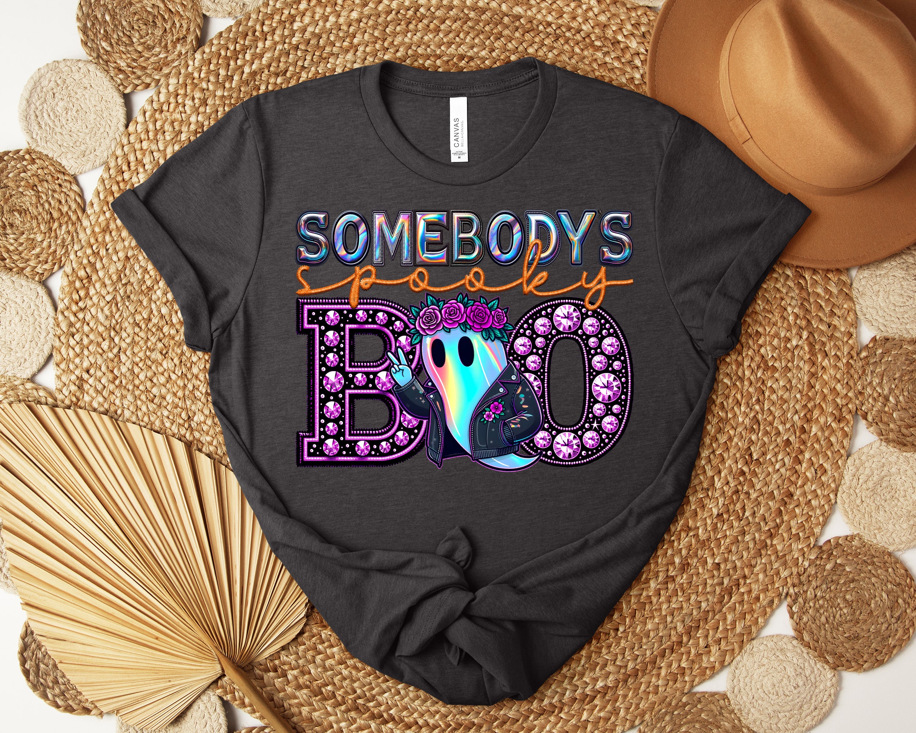 Gray graphic tee from Anchored Grace Boutique featuring spooky Boo design and playful Halloween-themed artwork.