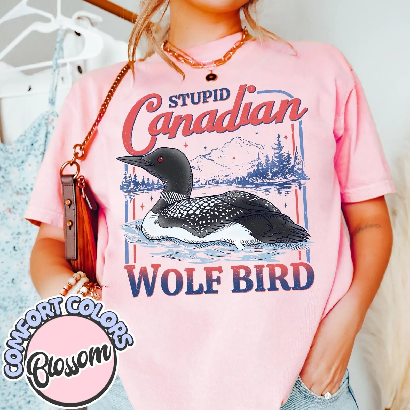 Stupid Canadian Wolf Bird graphic tee by Anchored Grace Boutique featuring a playful wolf and bird design on a casual t-shirt.